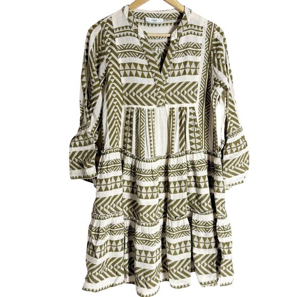 Devotion Twins Ella Cream Olive Embroidered 3/4 Sleeve Boho Coastal Mini Dress - Picture 3 of 14
